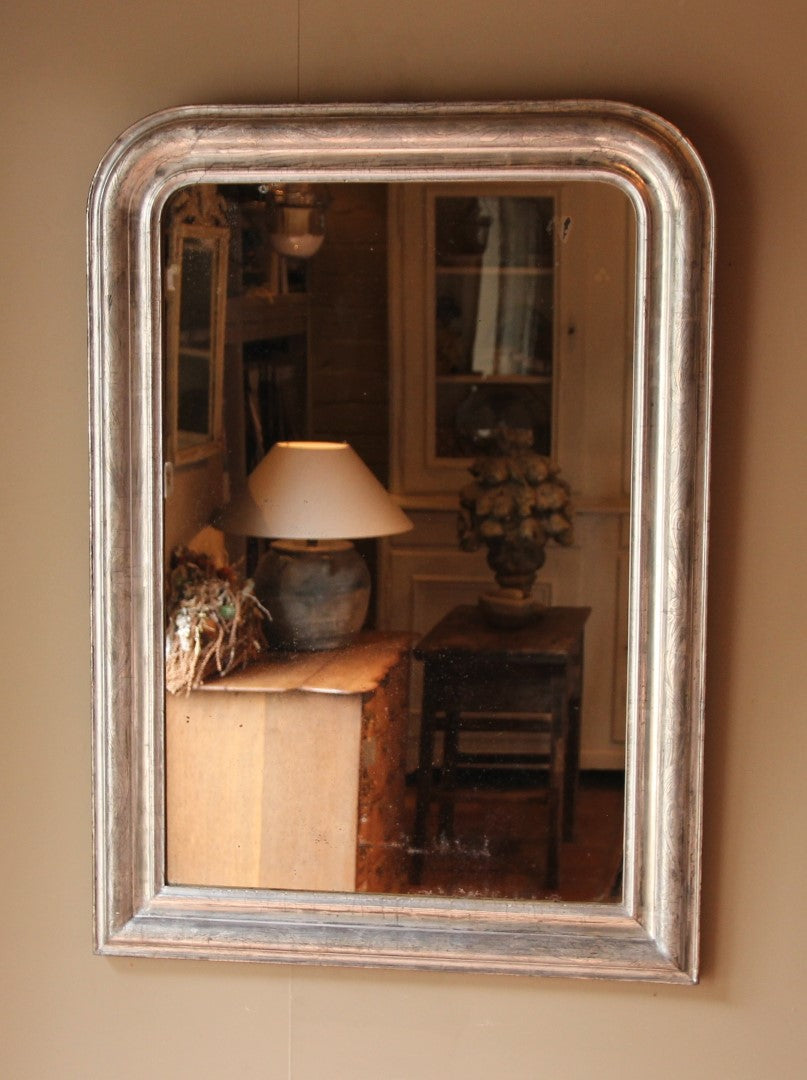 Antique French Sleek Silver Leaf Mirror